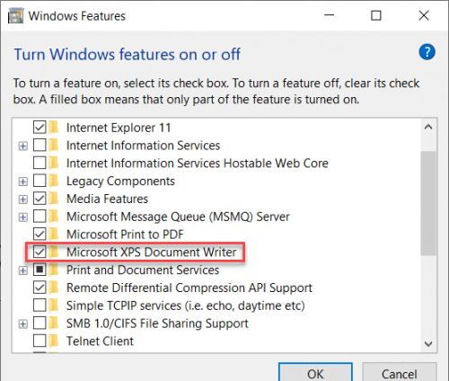 Windows Turn Windows features on or off Microsoft XPS Document Writer