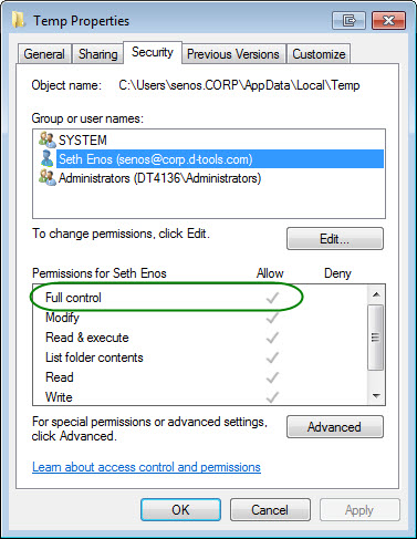 TEMP Folder Full Control access Component Required for Pdf Print from QuickBooks is missing