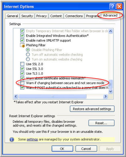 Advanced Settings in Internet Explorer